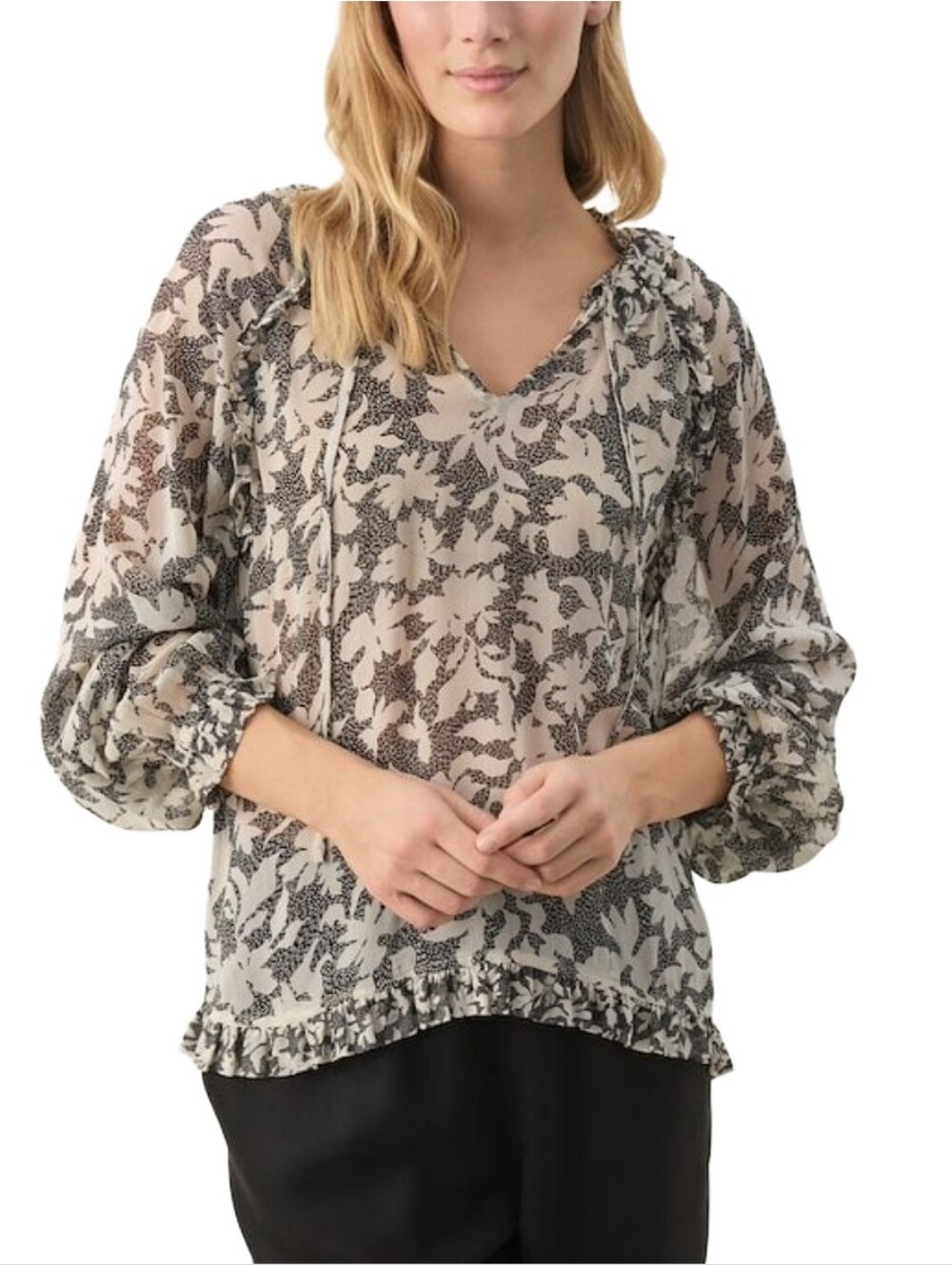 Part Two Womens Black & White Floral Peasant Blouse Size 40 EU